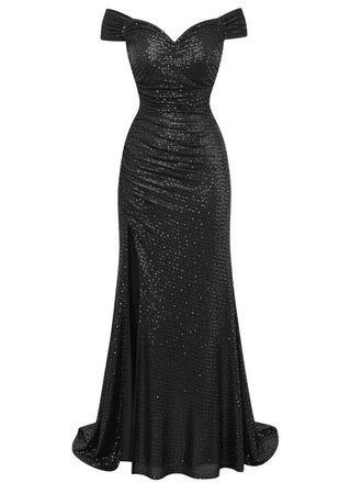 Abito lungo con spacchi glitterati e spalle scoperte nero anni '30