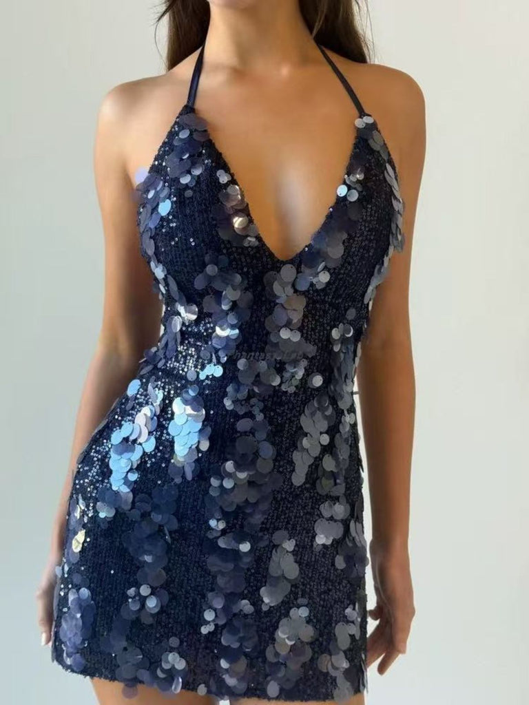 Abito con paillettes e scollo all'americana blu scuro anni 2000