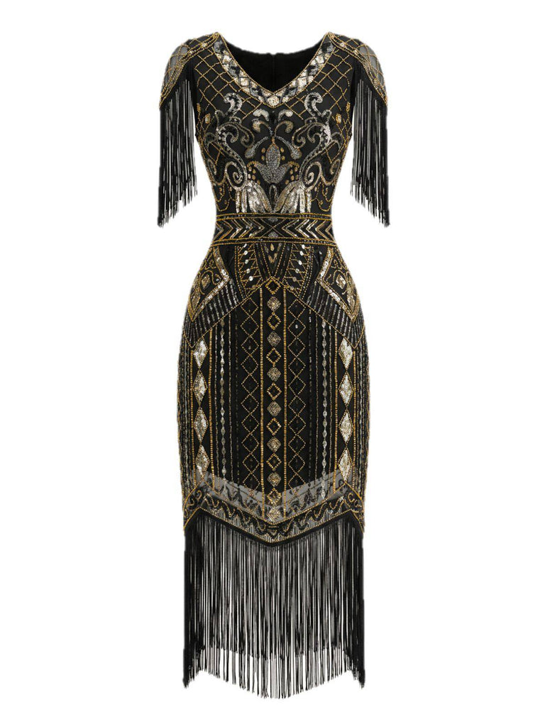 Abito flapper con frange di paillettes e scollo a V anni '20