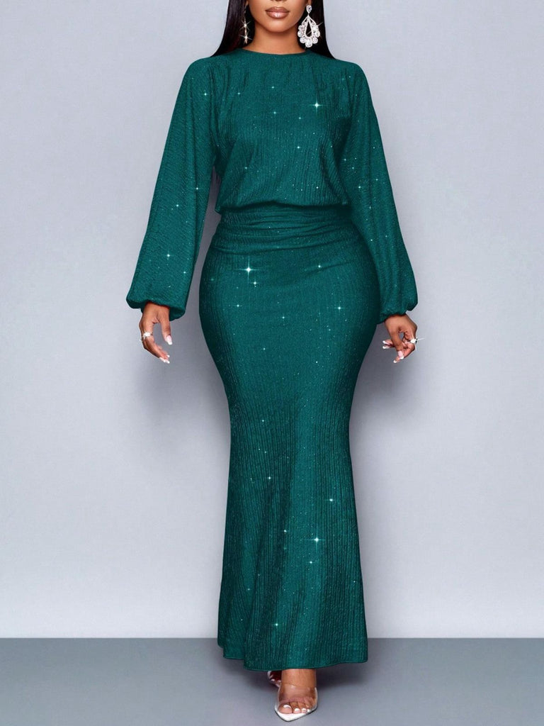 Abito a sirena in maglia glitter con maniche a lanterna anni '30