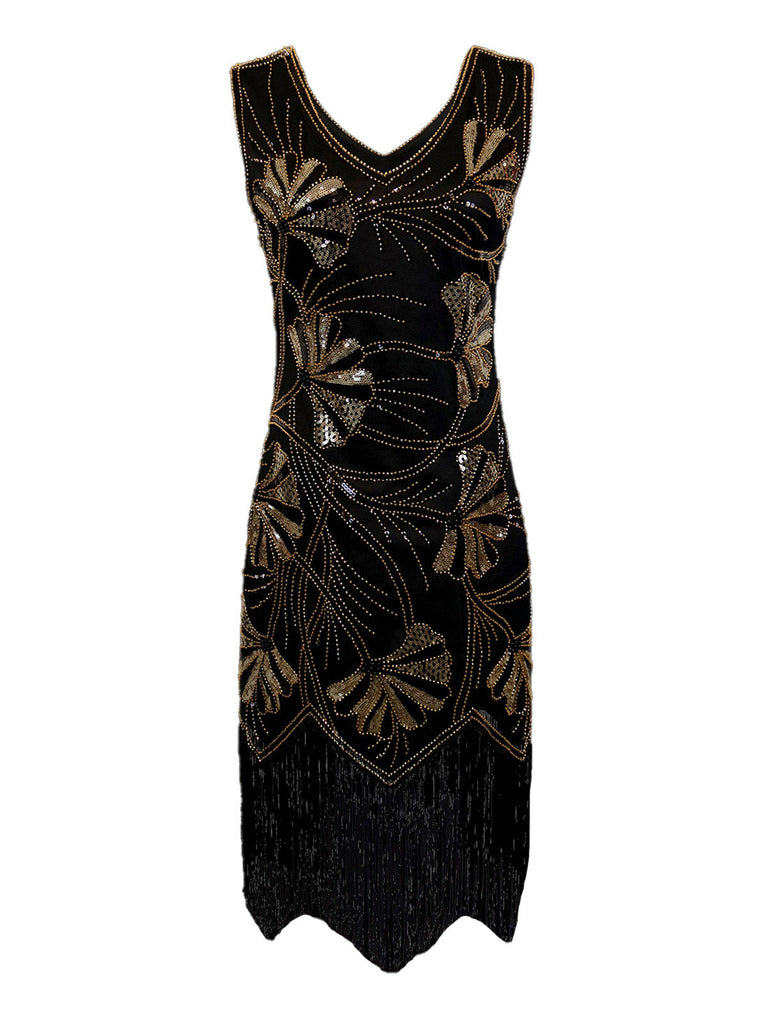 Abito flapper con scollo a V e perline e paillettes anni '20