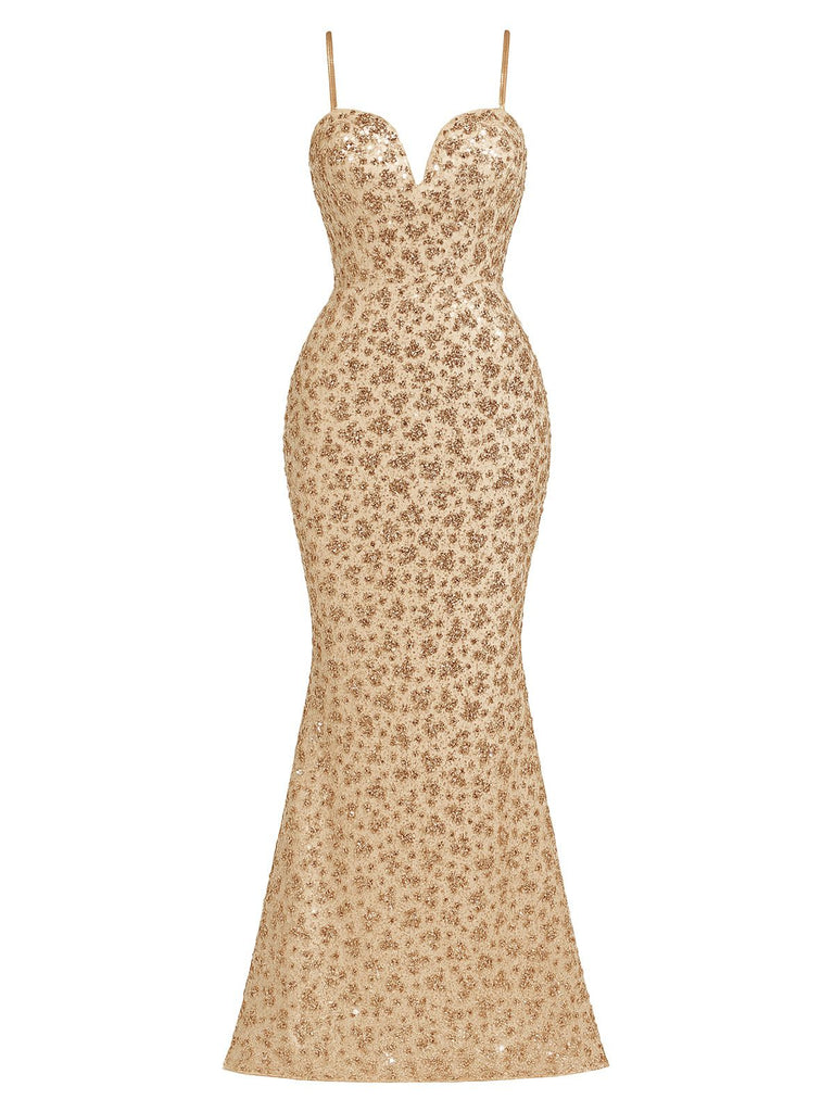 Abito da sera con paillettes e schiena scoperta champagne anni '30
