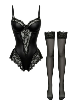 [Prevendita] Lingerie con ferretto e pizzo in raso con calze nero anni '80
