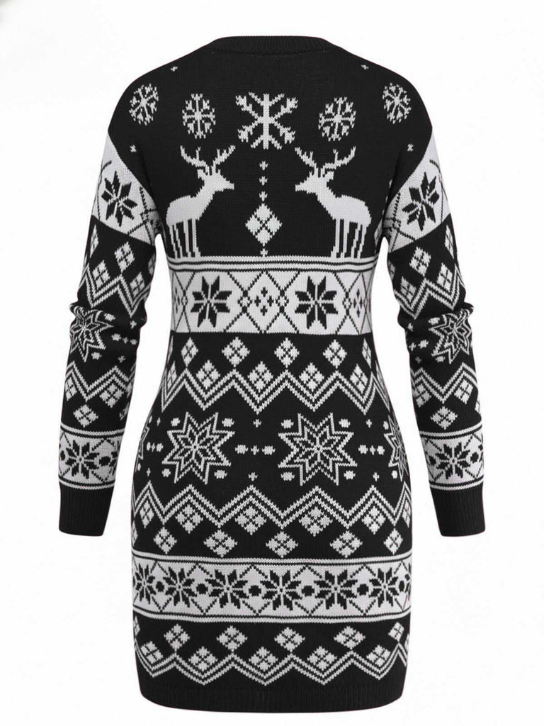 Abito in maglia jacquard con fiocco di neve e renne natalizie anni '60