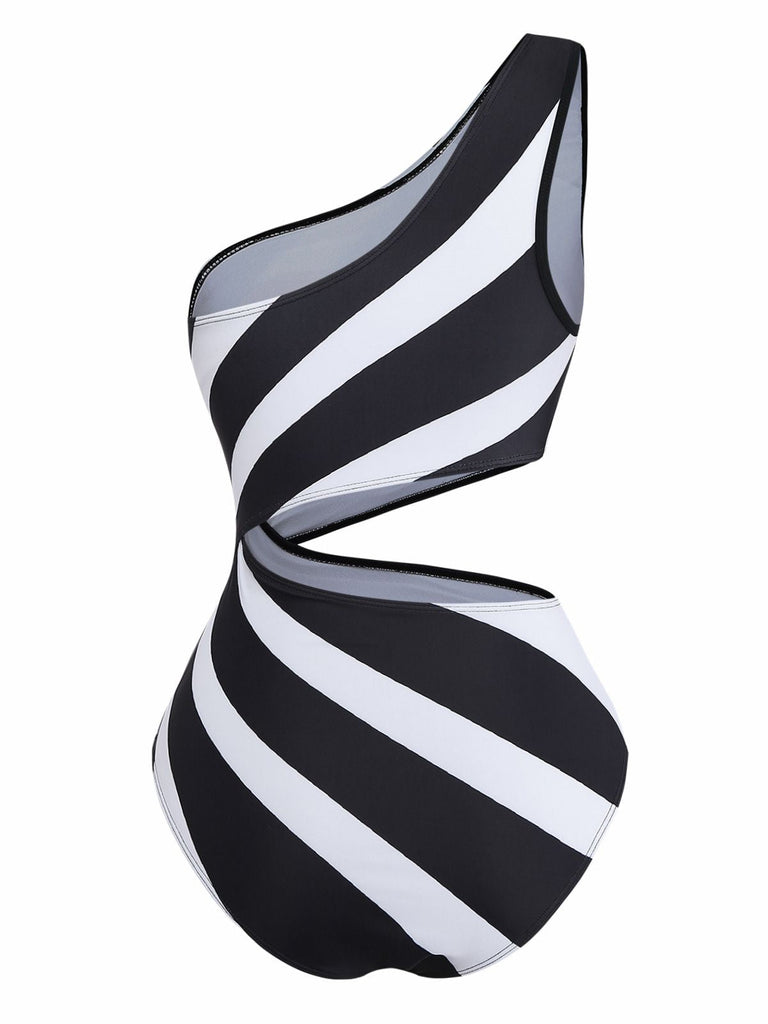 Costume da Bagno One-Shoulder Zebra con Stampa con Cut-Out Anni '60 2