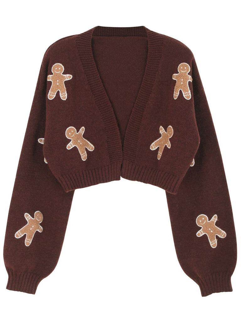 Cardigan corto in maglia di pan di zenzero natalizio marrone anni '60