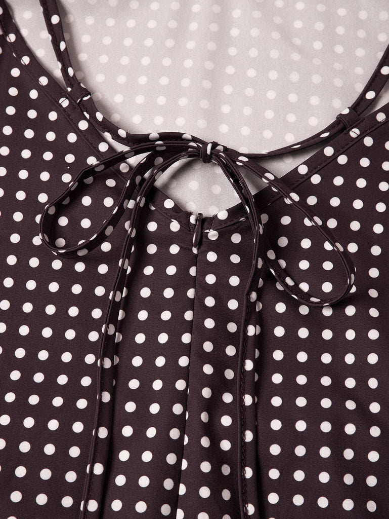 Abito a pois con scollo a V e spalline sottili marrone anni '80