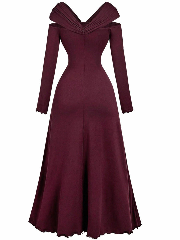 Abito plissettato con spalle scoperte bordeaux anni '40
