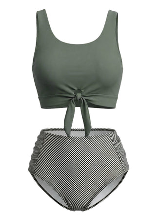 Set Tankini  Anni '40 Verde Oliva con Nodo Davanti a Vita Alta