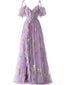 Abito in rete ricamato a fiori a sottoveste con spacco viola anni '70