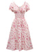 Abito floreale con scollo a V e maniche a sbuffo rosa anni '40