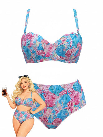 [Taglia Forti] Bikini con stampa di conchiglie rosa e blu anni'60