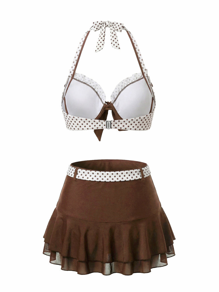 Costumi con gonna a pois a balze marrone anni '70