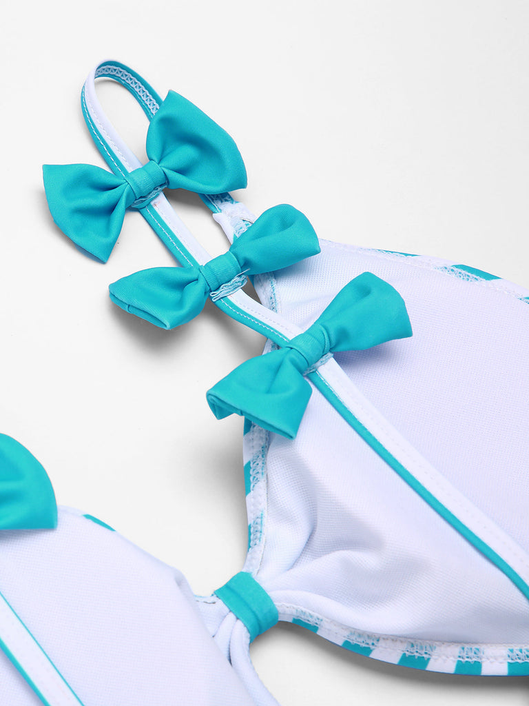 Costumi intero a righe fiocco cava spalline sottili blu anni '60
