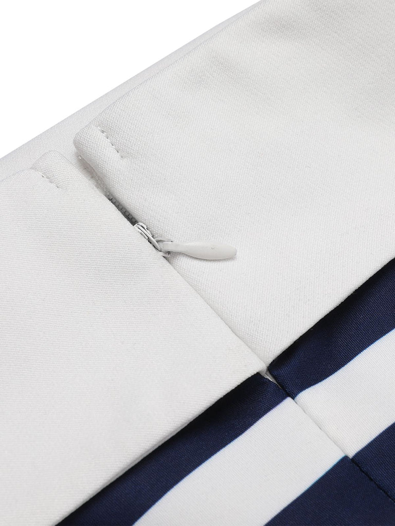 Tuta corta a righe spalle scoperte patchwork blu navy anni '50