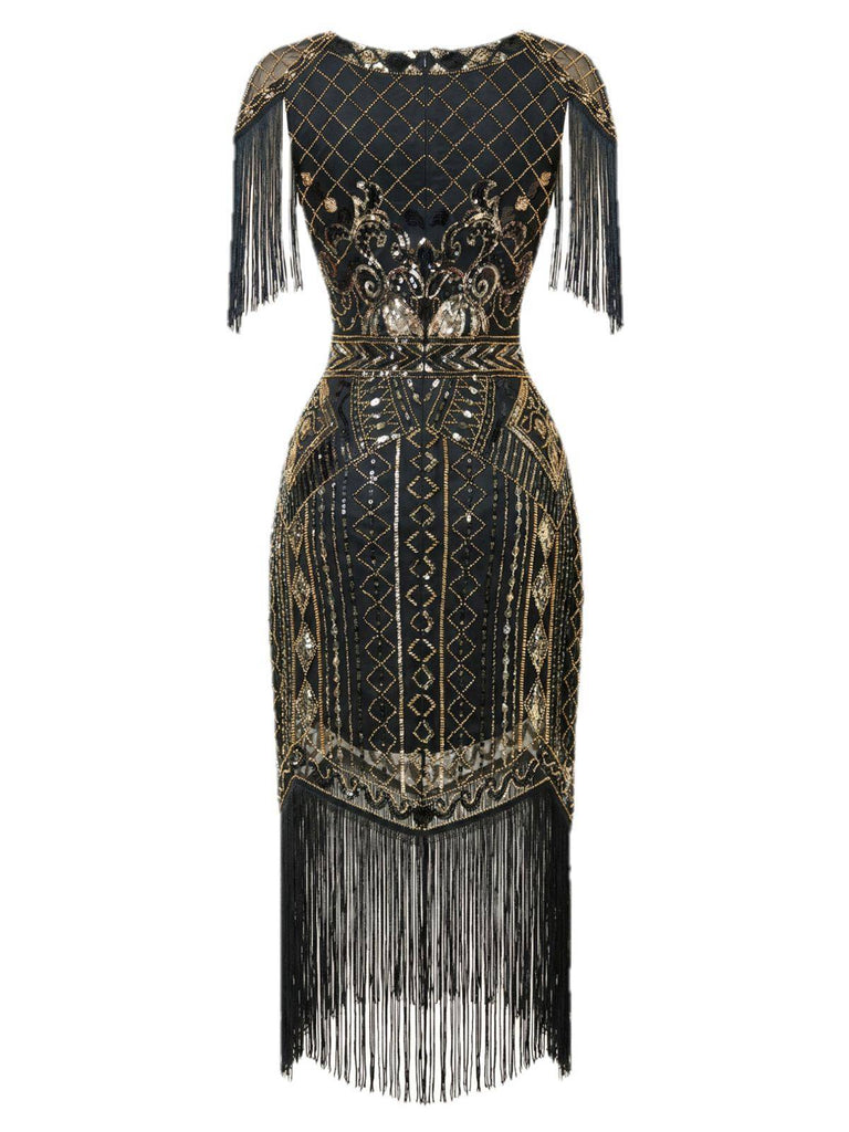 Abito flapper con frange di paillettes e scollo a V anni '20