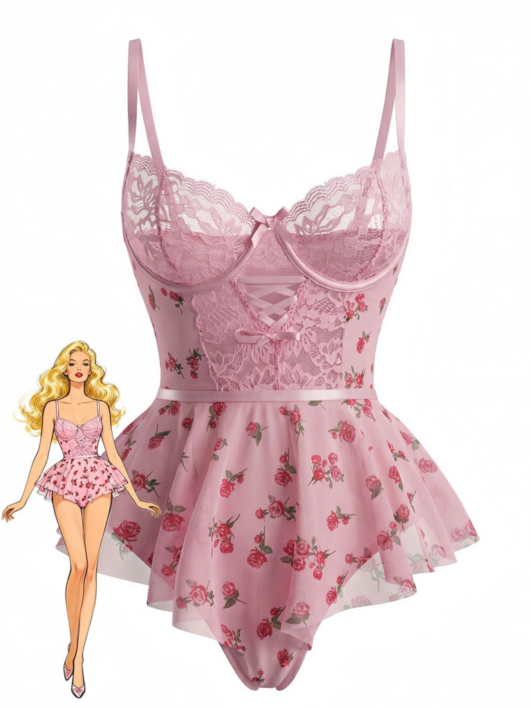 Pigiama rose con fiocco in pizzo rosa anni '30
