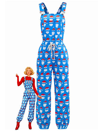 Tuta lunga con stampa di Babbo Natale blu anni '60
