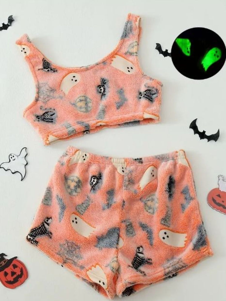 2PCS Pigiama in pile con fantasma Halloween arancione anni '60
