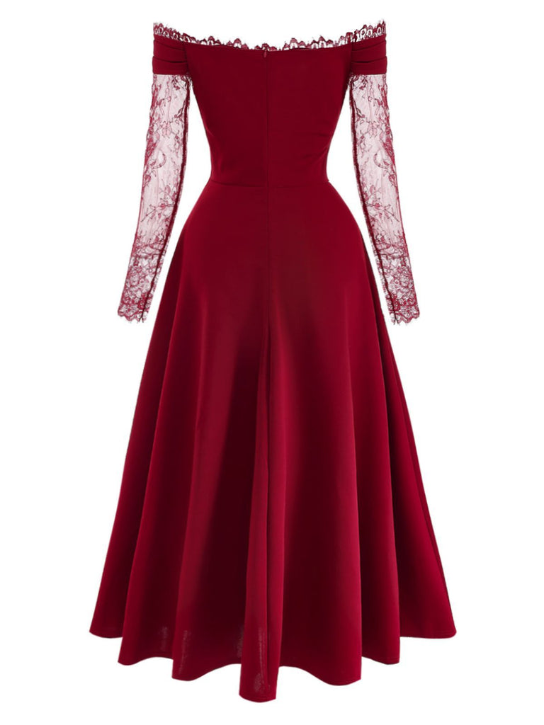 Abito bordeaux anni '30 in pizzo e spalle scoperte