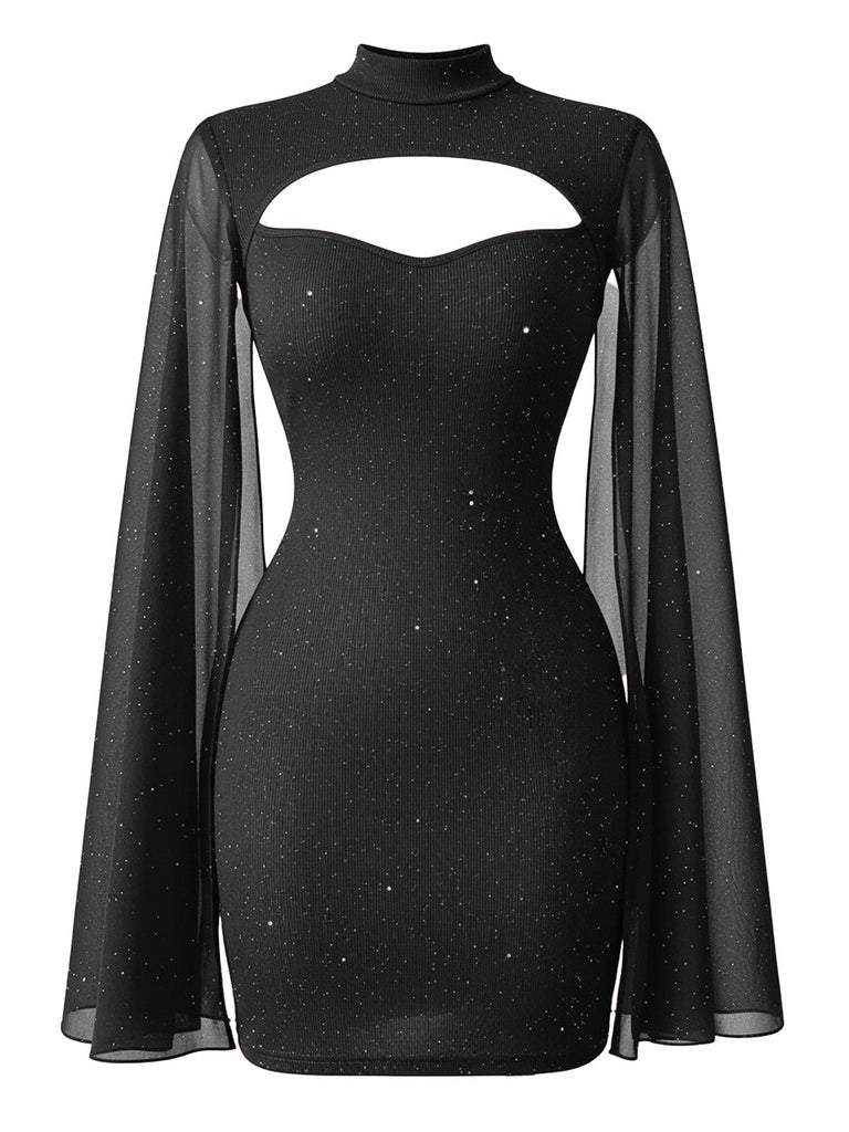 Abito aderente con mantello in chiffon di perle nero anni '80