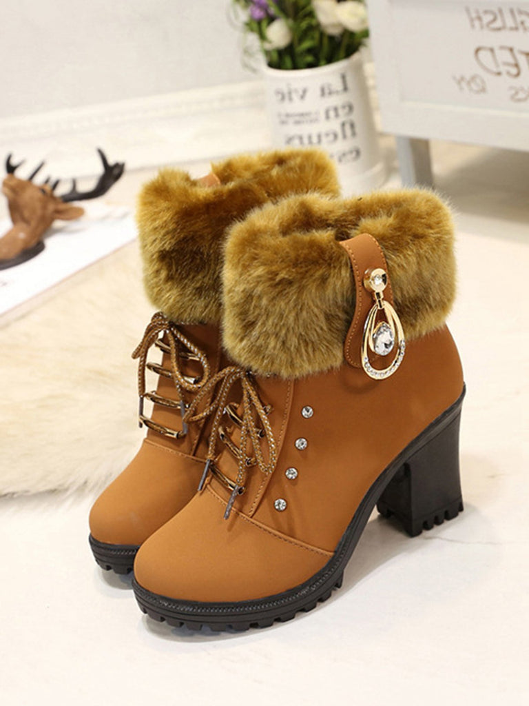 Stivali vintage in pelle nabuk con tacco spesso e peluche