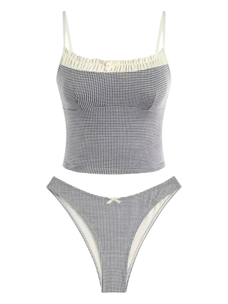 Completo tankini a quadri con pizzo rosso anni '50