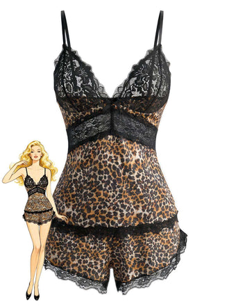 Pigiama in pizzo leopardato con spalline sottili marrone anni '70