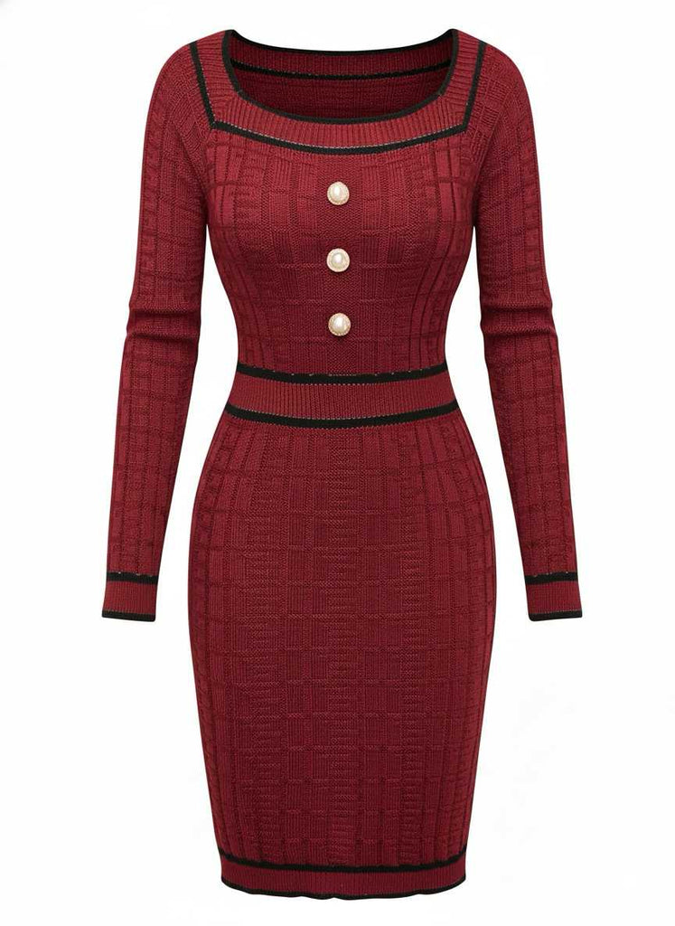 Abito in maglia con bottoni di perle e scollo quadrato anni '60
