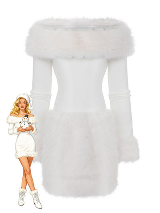 Abito con spalle scoperte in pelliccia sintetica natalizio bianco anni '60