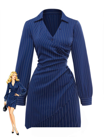 Abito camicia a righe con scollo a V blu anni '60