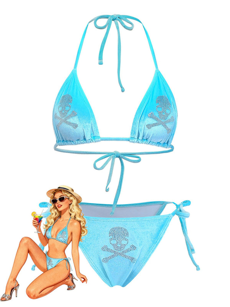 Bikini con teschio e strass in velluto blu anni '80