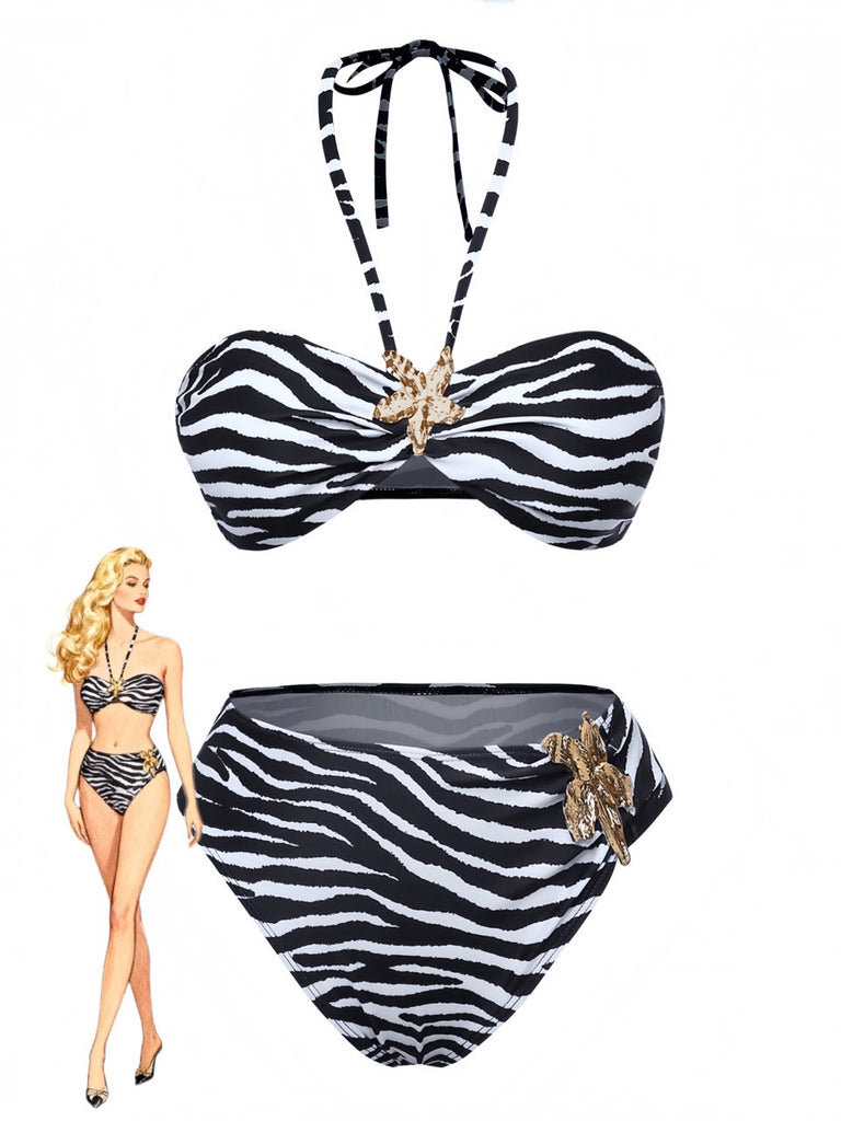 Bikini a fascia con stampa zebrata e stelle marine anni '60