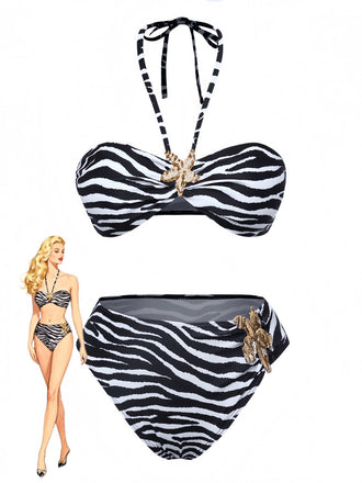Bikini a fascia con stampa zebrata e stelle marine anni '60