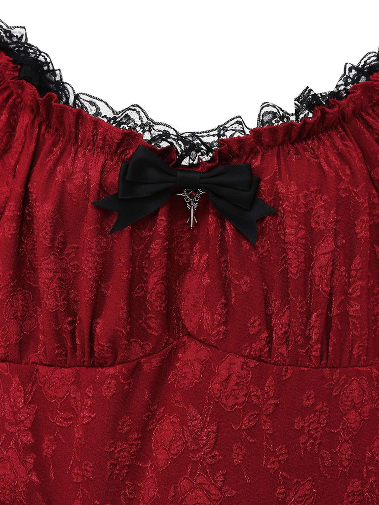 Abito gotico in pizzo e spalle scoperte rosso anni '70