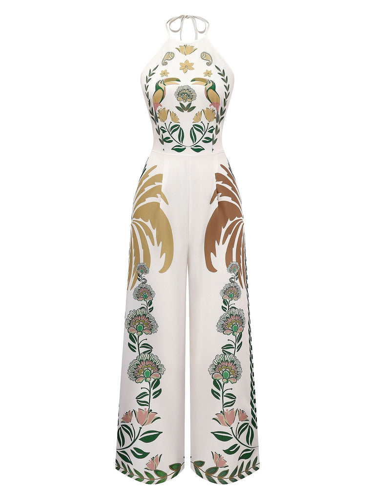 Tuta lunga boho floreale patchwork con lacci bianco anni '70