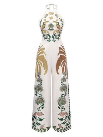 Tuta lunga boho floreale patchwork con lacci bianco anni '70