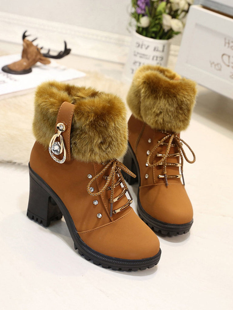 Stivali vintage in pelle nabuk con tacco spesso e peluche
