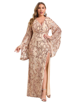 [Taglia Forti] Abito lungo con spacco e paillettes floreali beige anni '80
