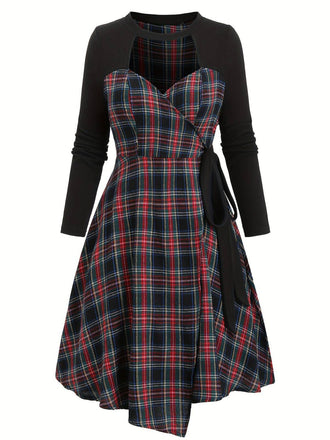 [Taglia Forti] Abito patchwork a quadri nero anni '40