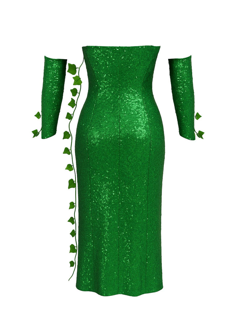Completo con fascia multi-foglia e abito paillettes verde anni '70