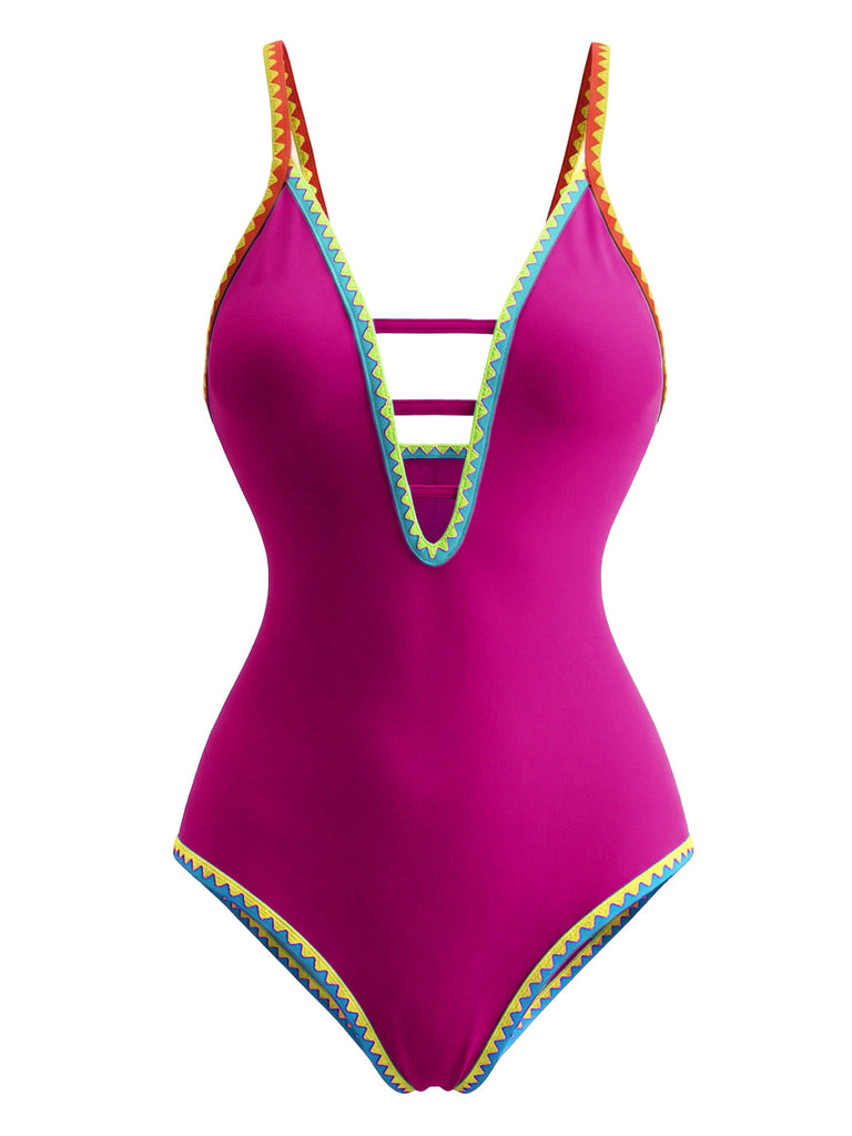 Costumi intero con spalline e cut-out color block anni '70