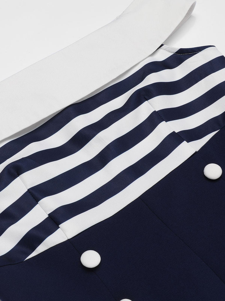 Tuta corta a righe spalle scoperte patchwork blu navy anni '50