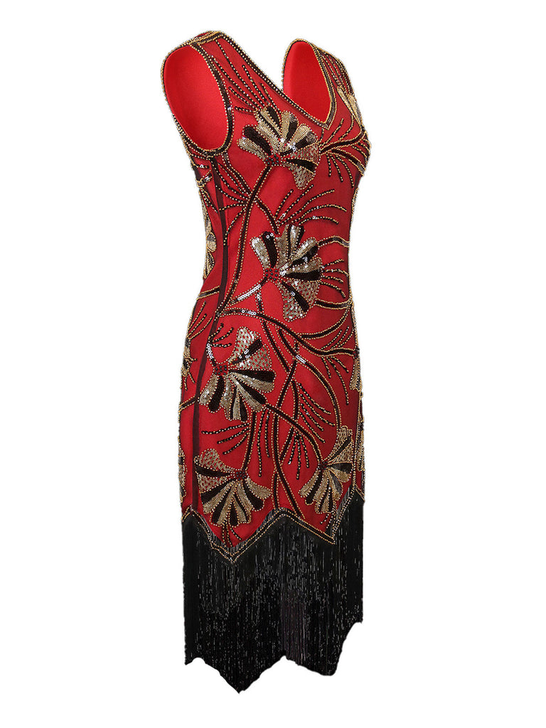 Abito flapper con scollo a V e perline e paillettes anni '20
