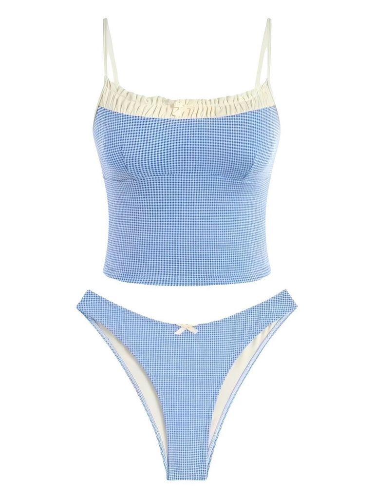Completo tankini a quadri con pizzo rosso anni '50