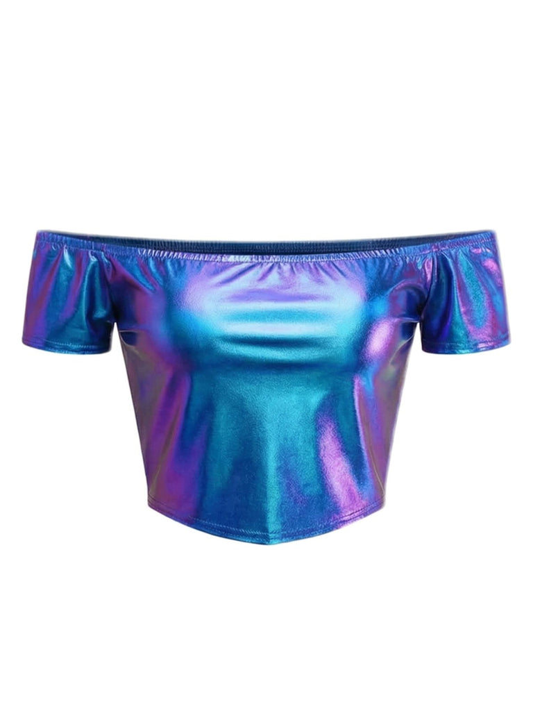 2PCS Top disco metallizzato con spalle scoperte e gonna anni '70