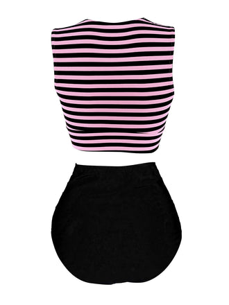 Costume da bagno patchwork a righe rosa e nero anni '70