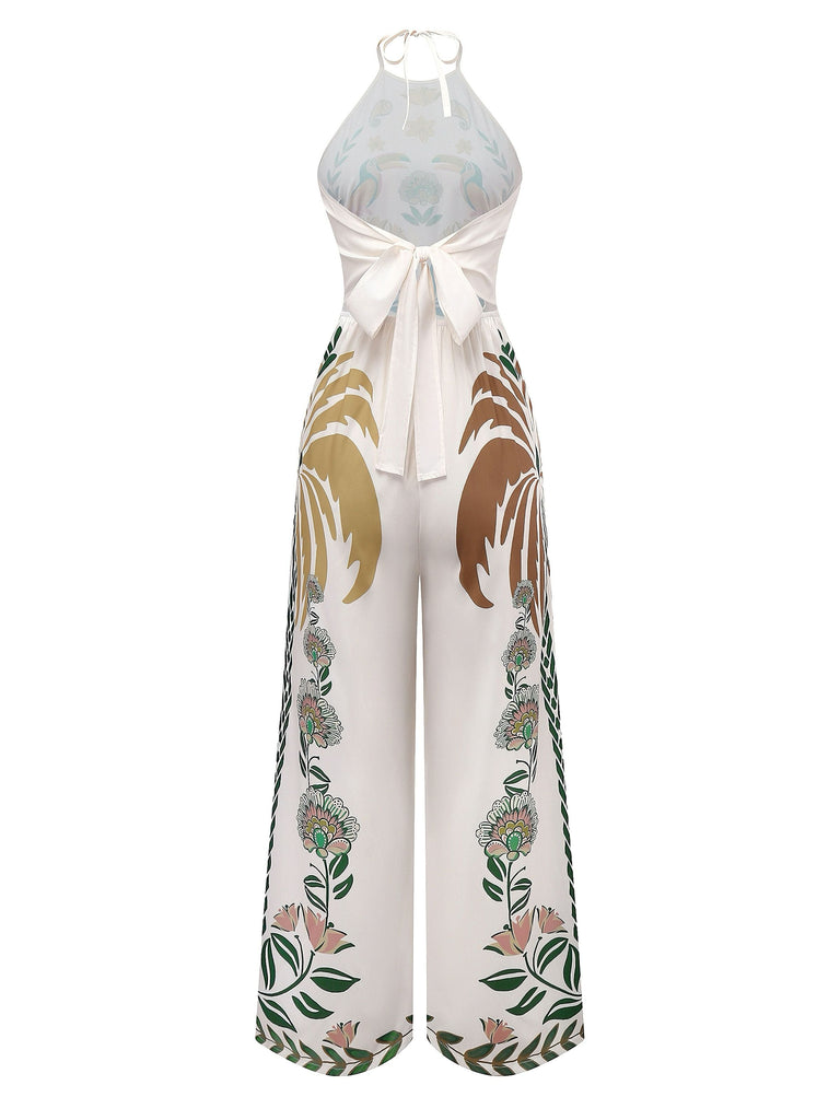Tuta lunga boho floreale patchwork con lacci bianco anni '70