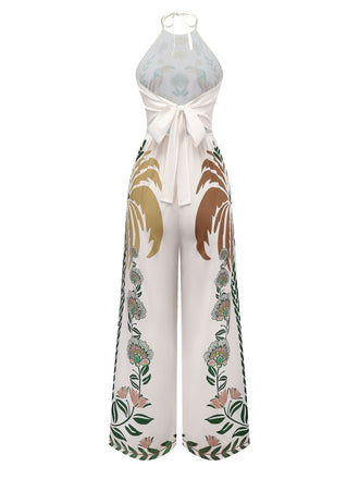 Tuta lunga boho floreale patchwork con lacci bianco anni '70