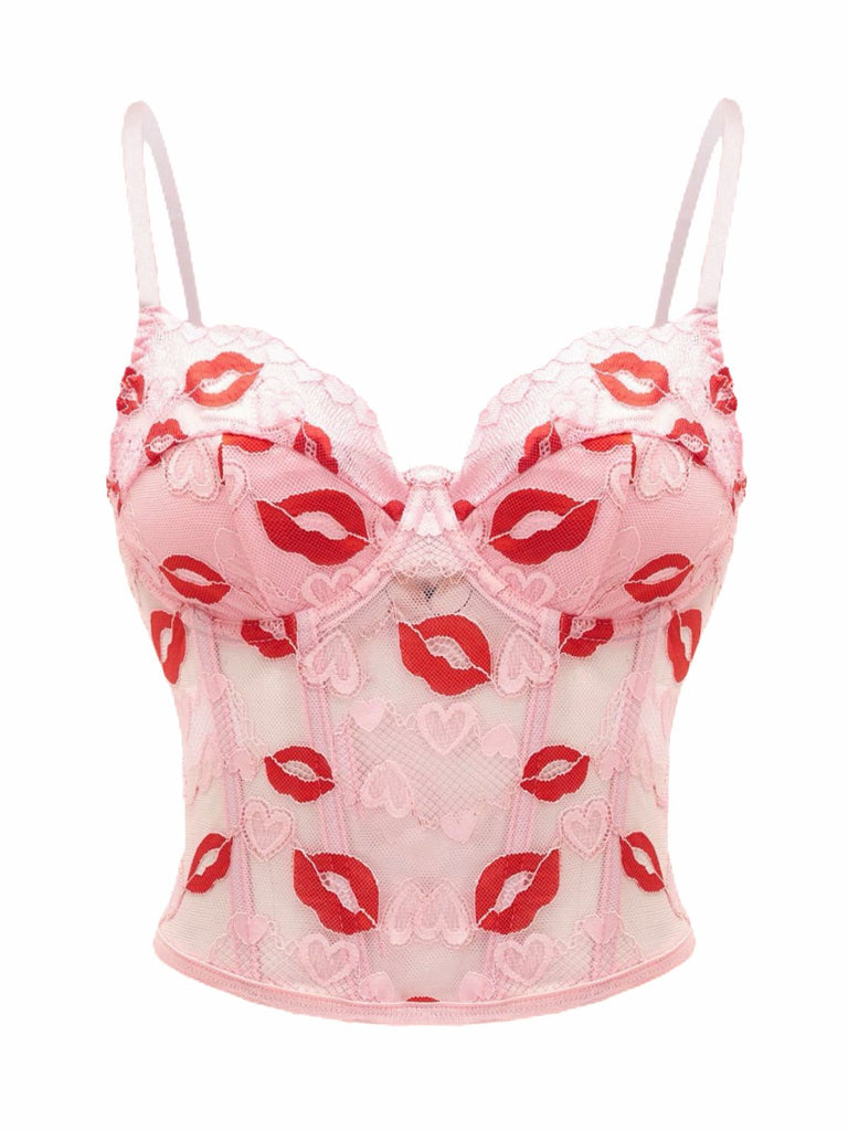 Corsetto in pizzo con stampa di baci San Valentino rosa anni '50